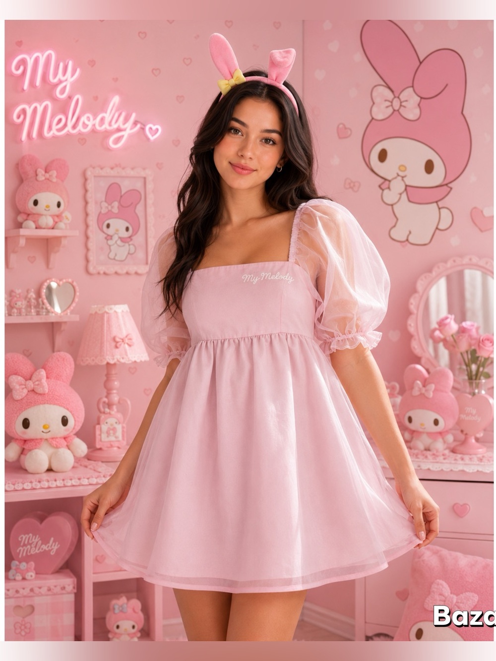 2pc Sz S/M Hello Kitty My Melody Sanrio Pink Mesh Dress Ears Headband forever 21